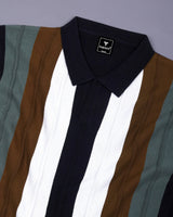 Brown With Black Candy Stripe Knitted Cotton Polo T-Shirt
