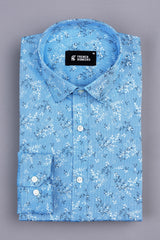 Aqua blue with black and white printed shirt