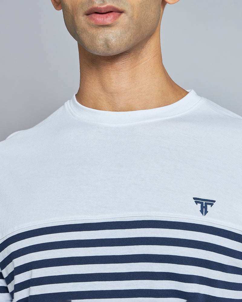 Twilight White With NavyBlue Stripe Premium Cotton Designer T-shirt