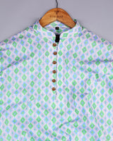 Green And Blue Geometric Pattern Linen Cotton Shirt Style Kurta