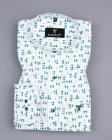 Green Anemone Flower Printed White Poplin Cotton Shirt