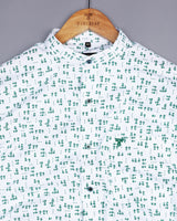 Green Anemone Flower Printed White Poplin Cotton Shirt