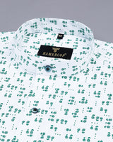 Green Anemone Flower Printed White Poplin Cotton Shirt