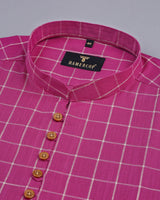 Deep Pink With Cream Check Linen Cotton Shirt Style Kurta