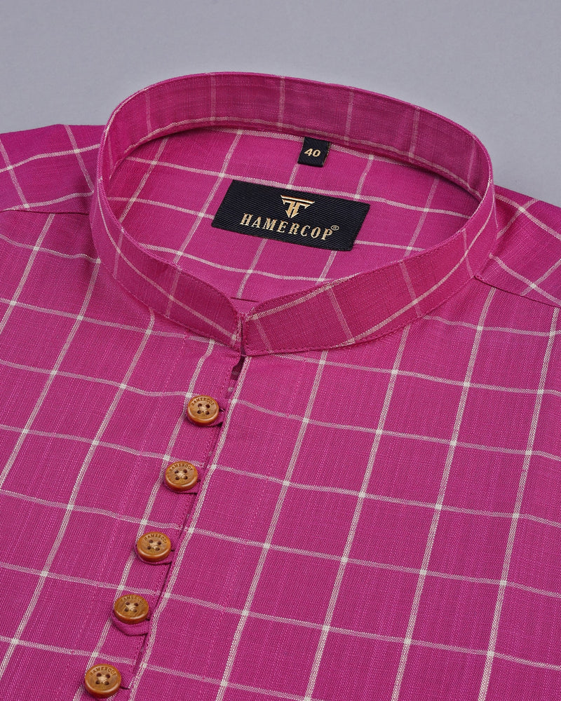 Deep Pink With Cream Check Linen Cotton Shirt Style Kurta