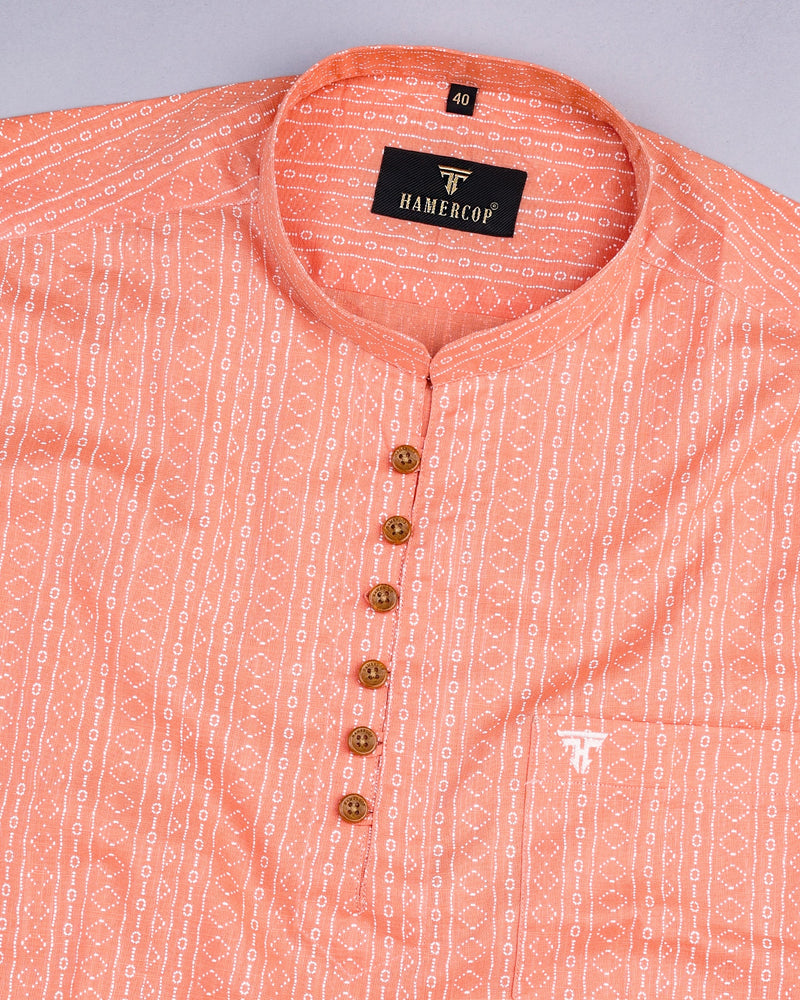 Orange Geometrical Designer Printed Linen Shirt Style Kurta