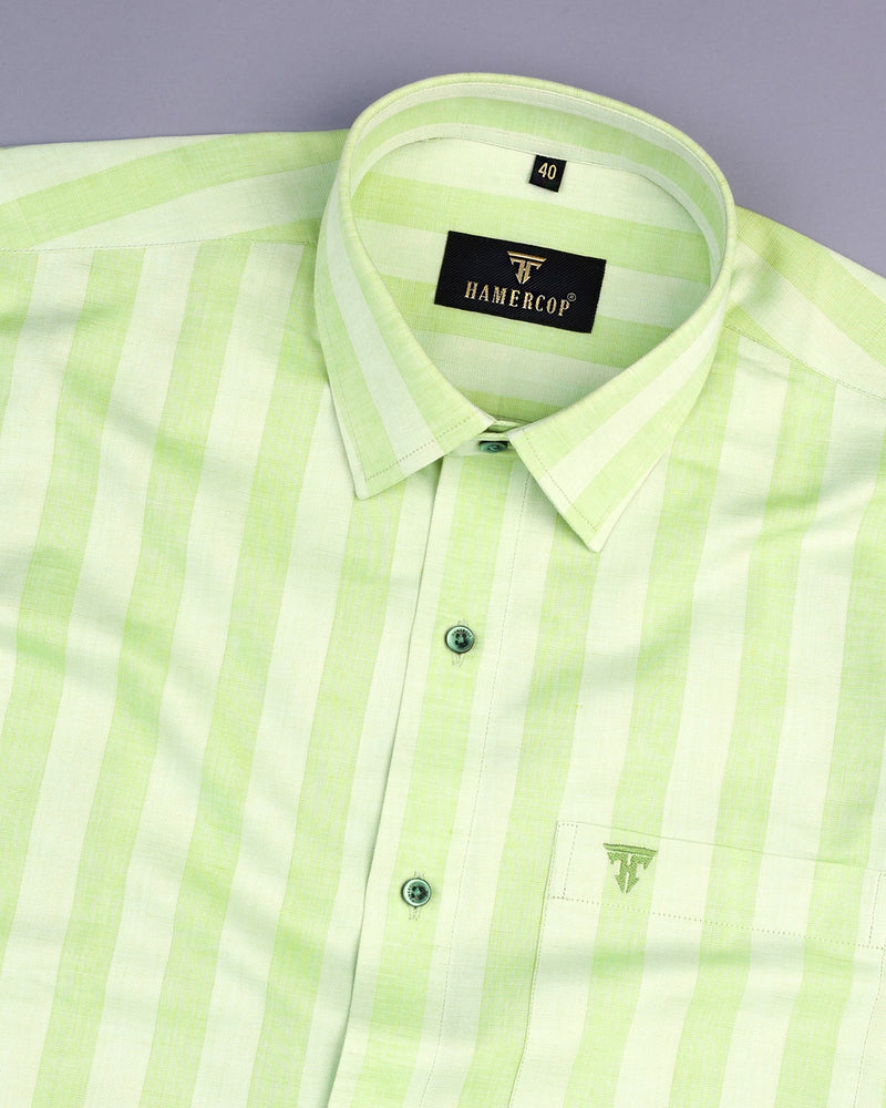 Casena Green With White Striped Linen Cotton Shirt