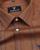 Tuscan Chocolate Brown With Blue Striped Dobby Cotton Shirt
