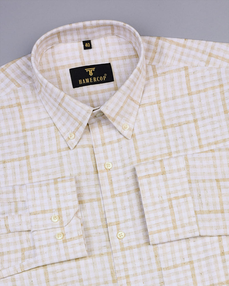 Waffle Cream With White Dobby Twill Check Cotton Shirt