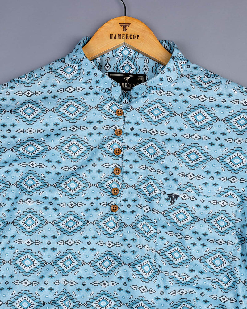 Magic Blue Geometric Pattern Linen Cotton Shirt Style Kurta