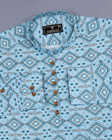 Magic Blue Geometric Pattern Linen Cotton Shirt Style Kurta
