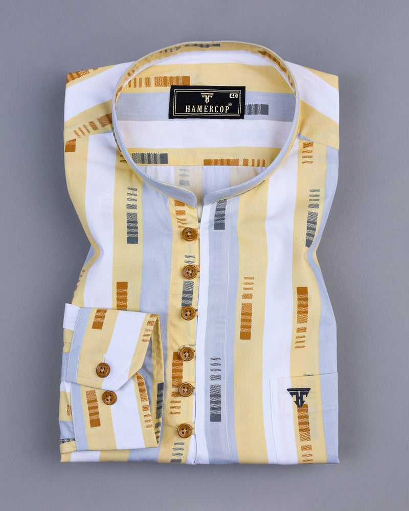 Chiffon Light Yellow MultiStriped Cotton Shirt Style Kurta