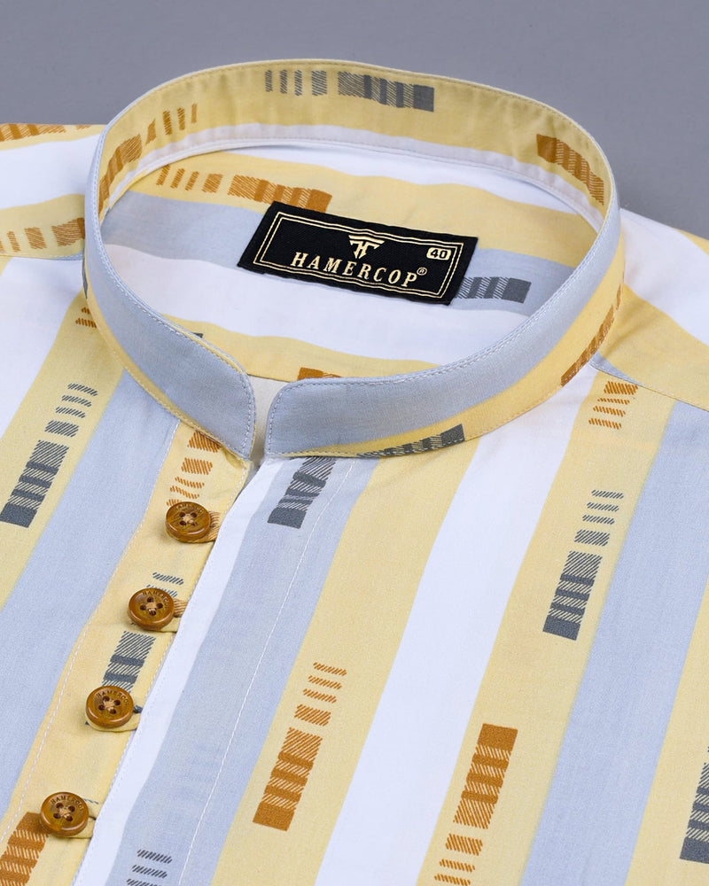 Chiffon Light Yellow MultiStriped Cotton Shirt Style Kurta