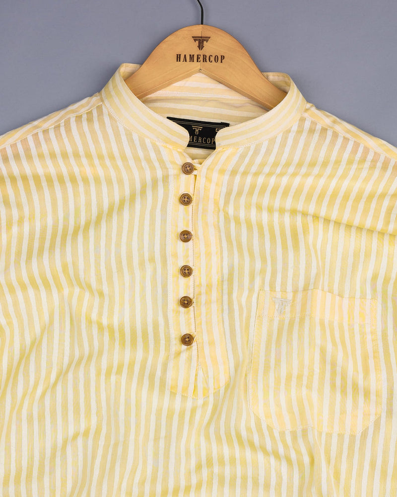 Light Goldenrod Yellow Striped Cotton Shirt Style Kurta