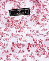 Red Flowers Printed Self Weft Stripe White Cotton Shirt