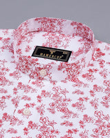 Red Flowers Printed Self Weft Stripe White Cotton Shirt