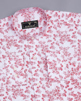 Red Flowers Printed Self Weft Stripe White Cotton Shirt