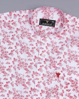 Red Flowers Printed Self Weft Stripe White Cotton Shirt