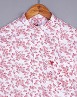 Red Flowers Printed Self Weft Stripe White Cotton Shirt
