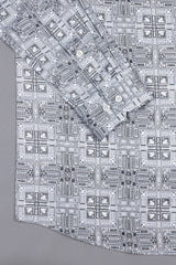 White with navy blue vintage ludo design printed satin shirt
