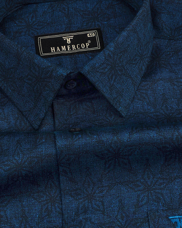 Blue Lily Flower Printed Premium Cotton Formal Shirt