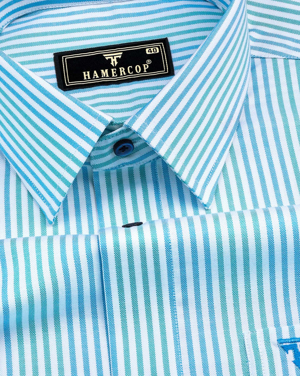 Ornate SkyBlue And Green Stripe Oxford Cotton Shirt