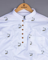 Calico White Jacquard Printed Self Stripe Cotton Shirt Style Kurta