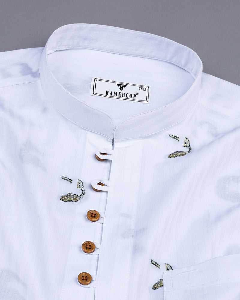Calico White Jacquard Printed Self Stripe Cotton Shirt Style Kurta