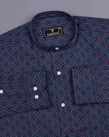 Coweta Blue With Maroon Folk Flower Printed Cotton Shirt