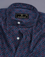 Coweta Blue With Maroon Folk Flower Printed Cotton Shirt