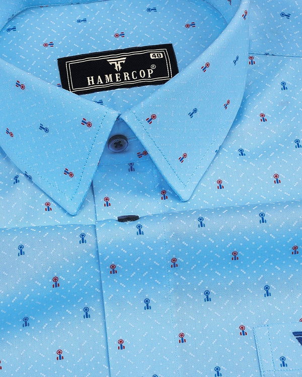 Cadet Blue With White Star Printed Cotton Shirt