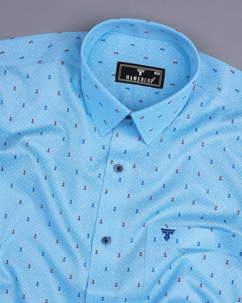 Cadet Blue With White Star Printed Cotton Shirt