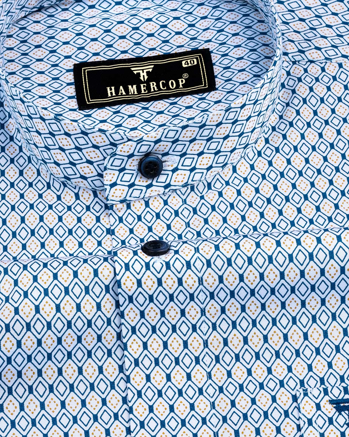 Blue With Yellow Diamond Shape Printed Cotton Shirt – Hamercop