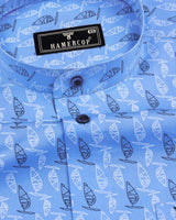 Blue With White And Black Geometric Printed Cotton Shirt