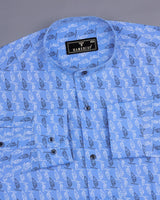 Blue With White And Black Geometric Printed Cotton Shirt