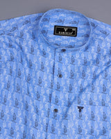 Blue With White And Black Geometric Printed Cotton Shirt