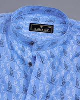 Blue With White And Black Geometric Printed Cotton Shirt