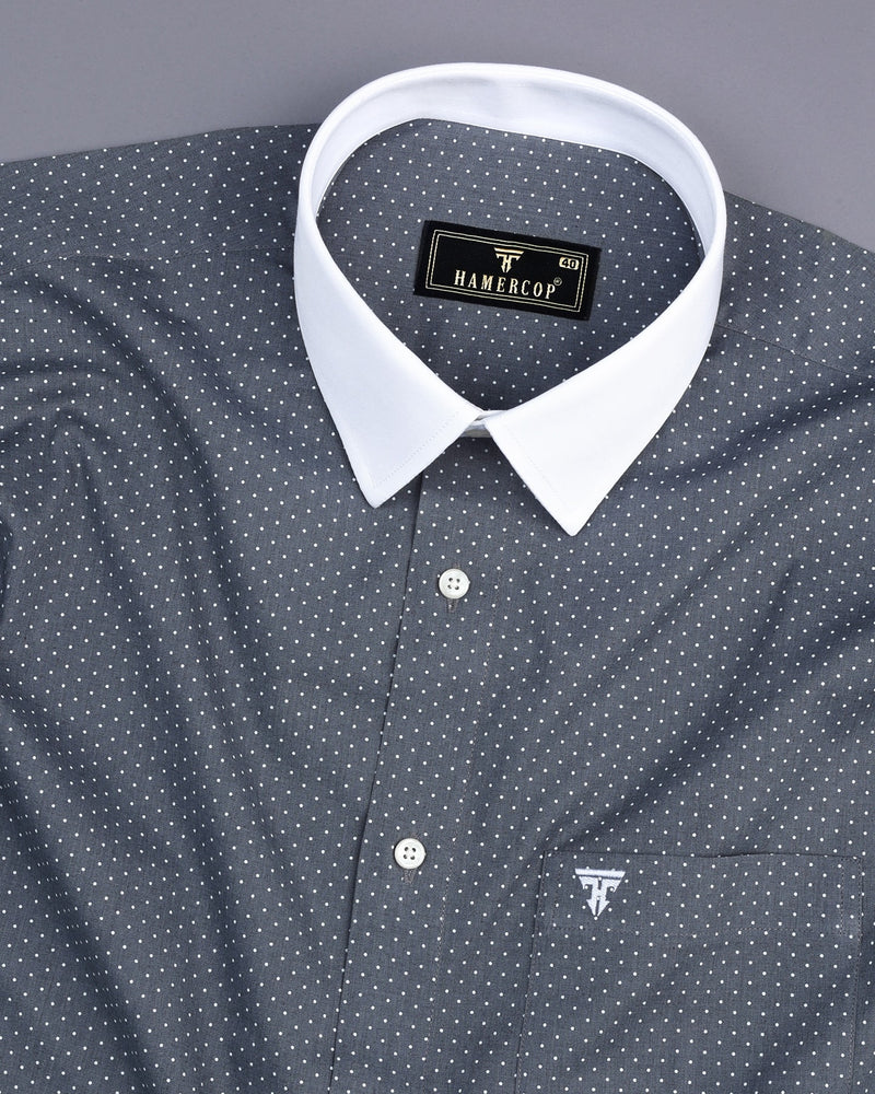 Gray With White Small Polka Dot Printed Designer Cotton Shirt