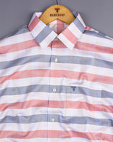 Peach With Cream And Grey Dobby Weft Stripe Gizza Cotton Shirt