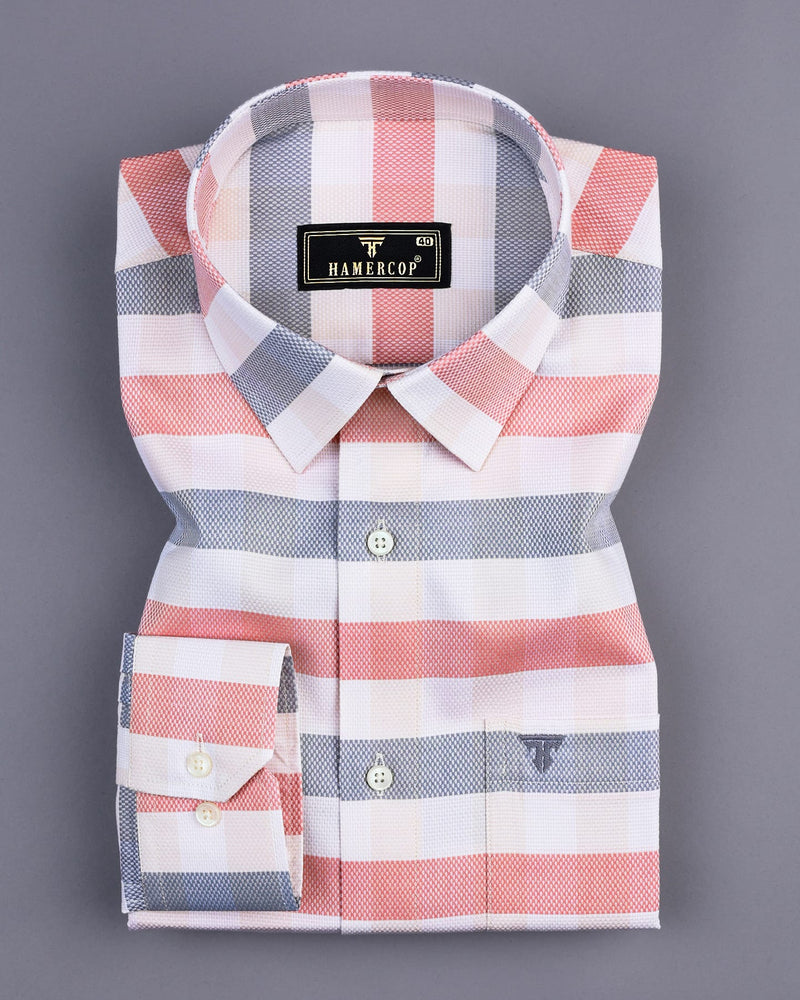 Peach With Cream And Grey Dobby Weft Stripe Gizza Cotton Shirt