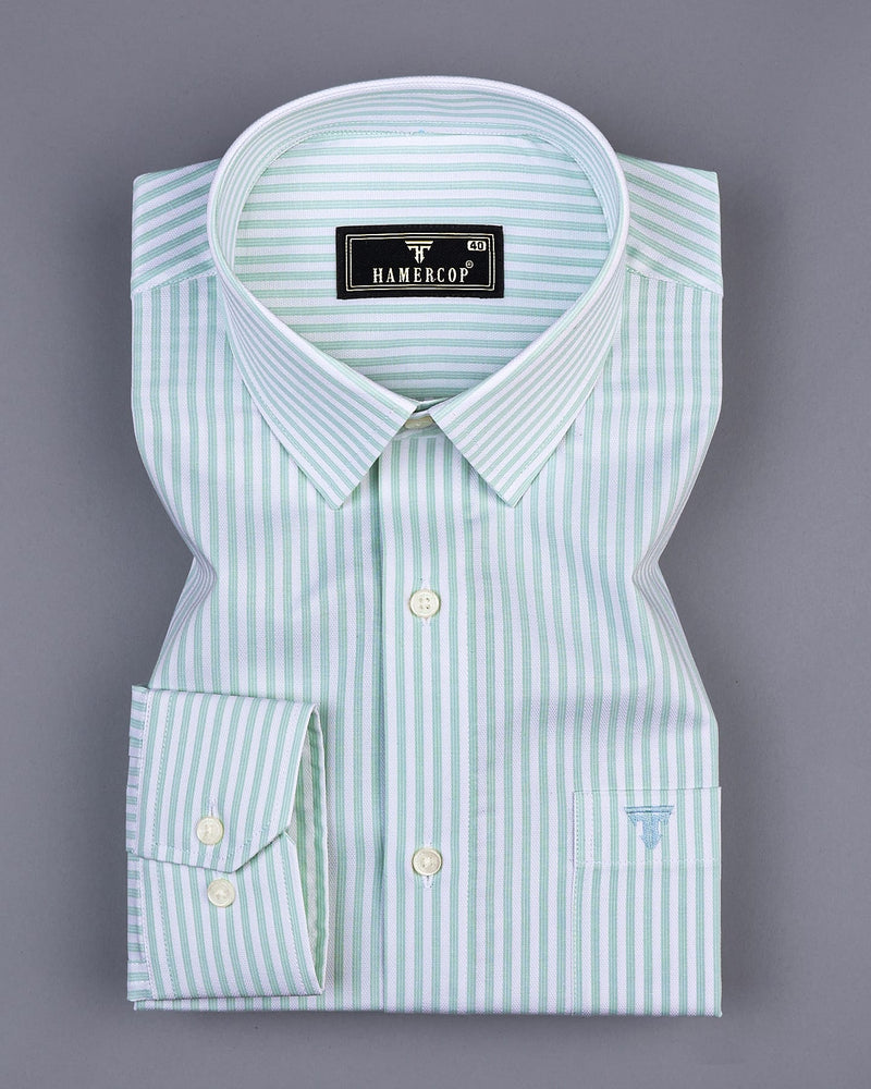 Dusty Pista Green With White Stripe Formal Cotton Shirt