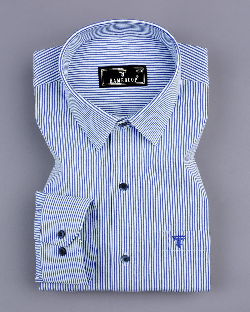 Caronia Blue With White Jacquard Stripe Cotton Shirt