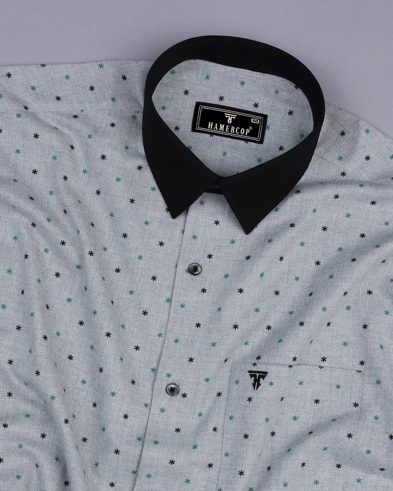 Gray With Black Star Printed Plaid Flannel Designer Cotton Shirt