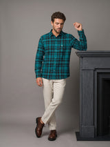 Persian Green With Black Twill Check Plaid Flannel Cotton Shirt