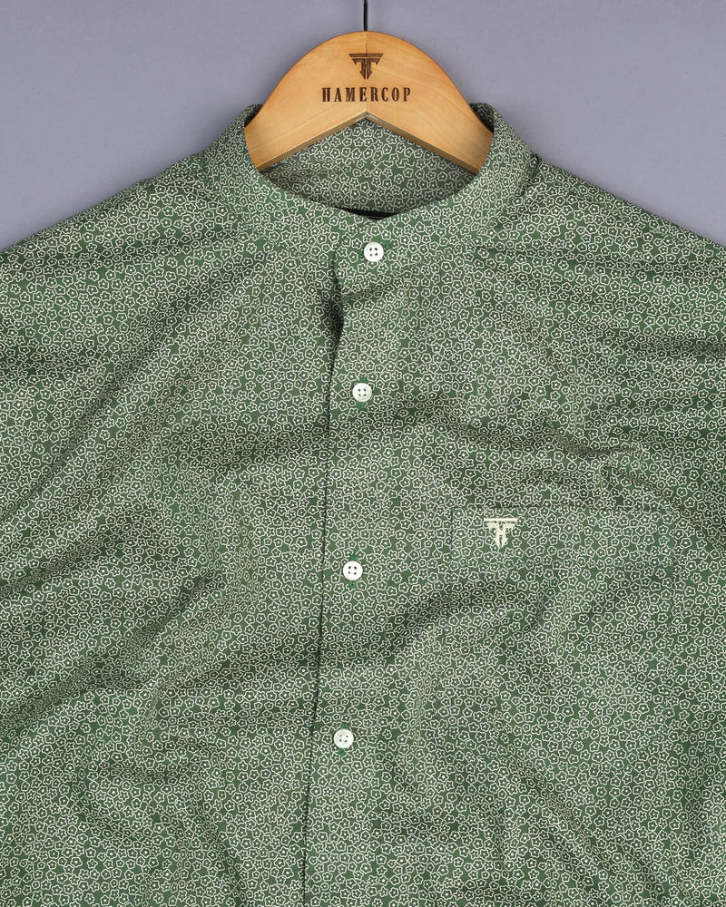 Kiwi Green With Cream Printed Cotton Shirt