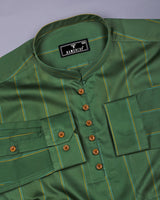 Spinach Green Stripe Satin Cotton Shirt Style Kurta