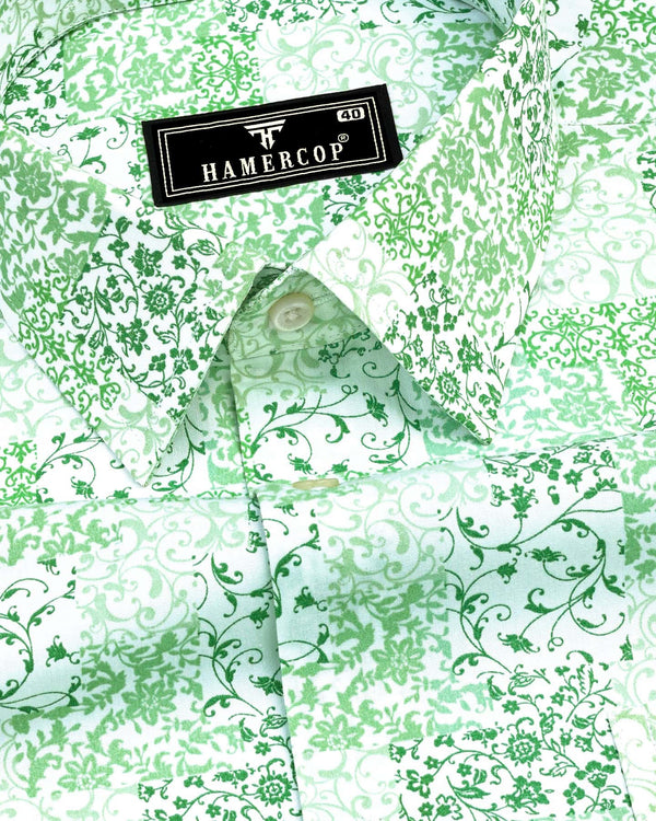 Flora Green With White Printed Cotton Designer Shirt