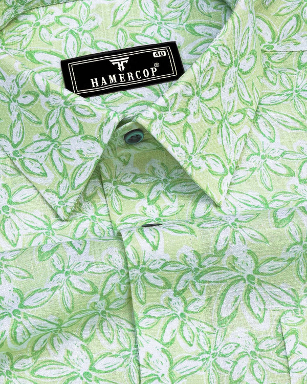 Cordate Green Flower Printed Dobby Cotton Shirt
