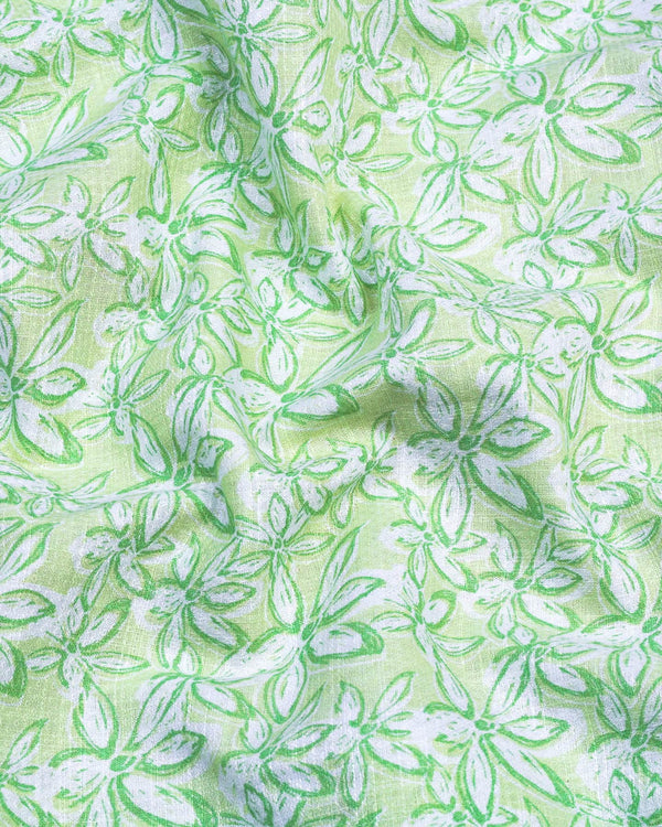Cordate Green Flower Printed Dobby Cotton Shirt