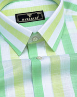 Thelon Green With White Broad Stripe Linen Cotton Shirt